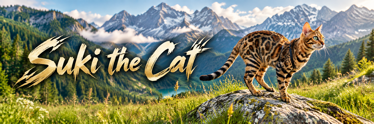 Suki the Cat on a rock above a turquoise mountain lake